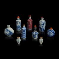 Nine Chinese Miniature Porcelain Snuff and Medicine Bottles, Late Qing-Republic Period 晚清民國 瓷煙壺七支及袖珍藥瓶兩支