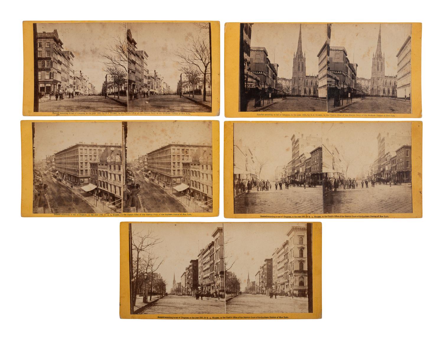 [EARLY PHOTOGRAPHY]. Series of 5 stereoviews capturing Broadway. New York: S. A. Holmes, 1865-66.