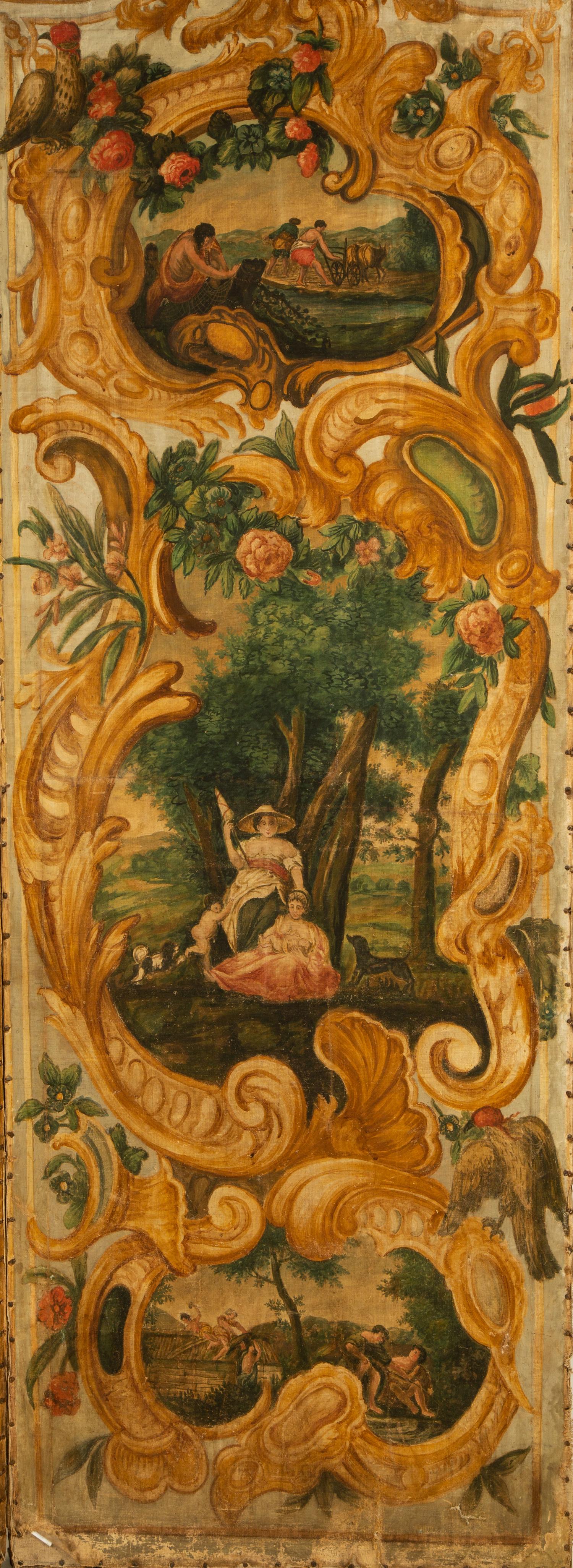 A French Five-Panel Hand Painted Canvas Floor Screen — 18TH CENTURY