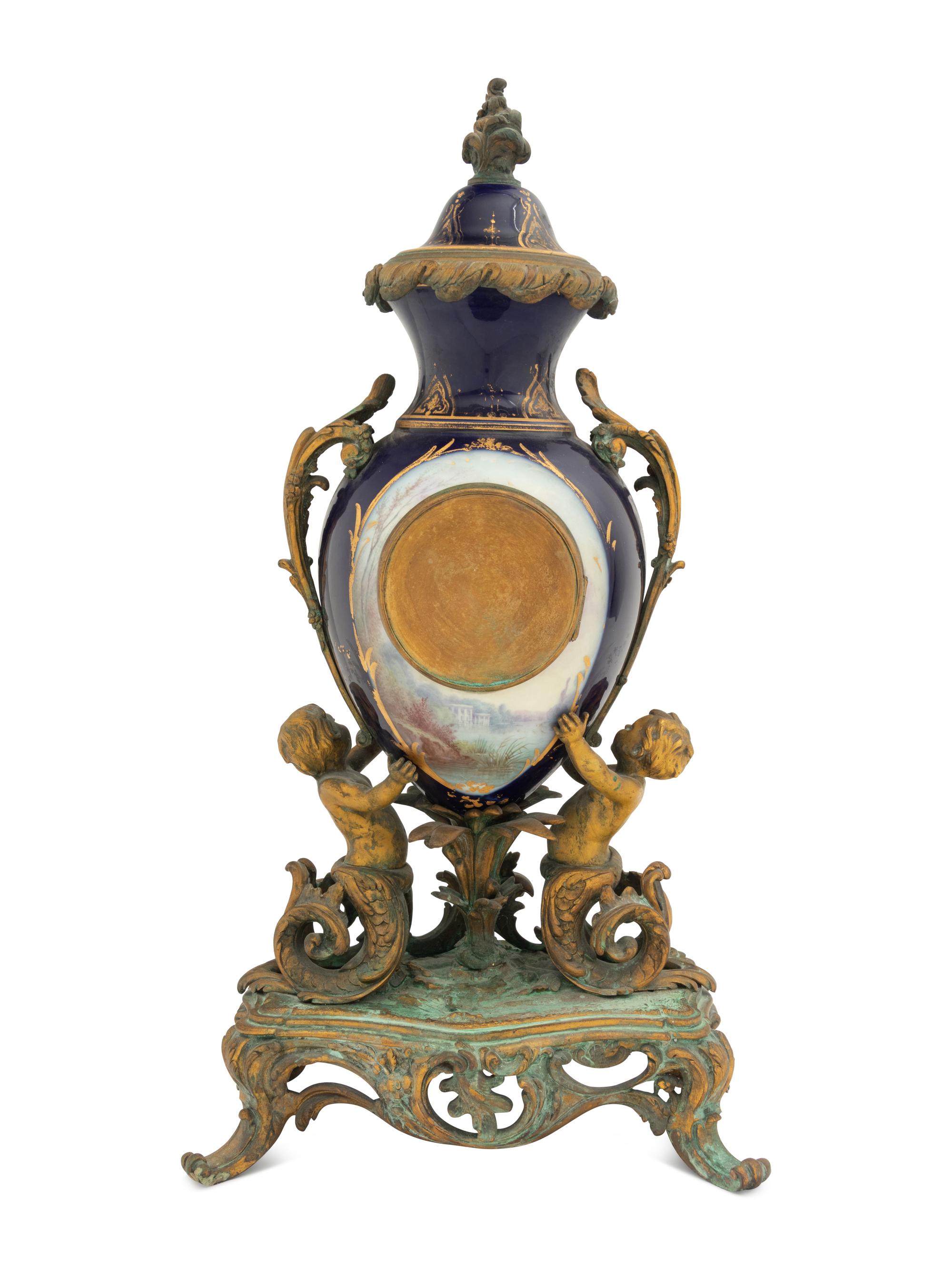 A Sèvres Style Gilt Bronze Mounted Porcelain Mantel Clock Retailed by Tiffany and Co.