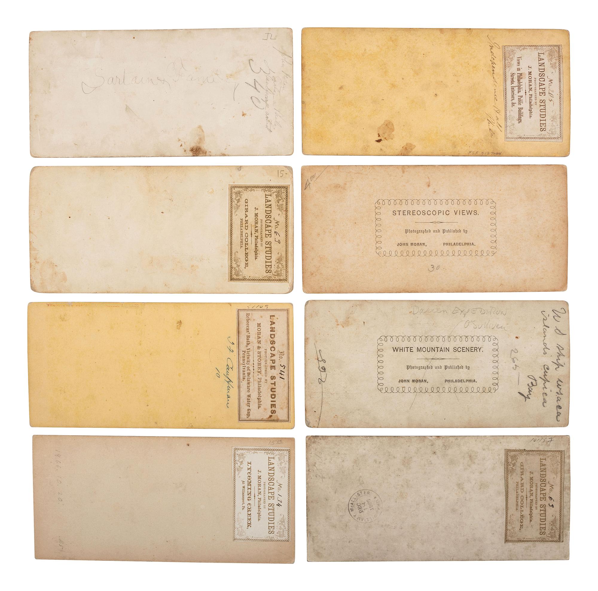 [EARLY PHOTOGRAPHY]. MORAN, John, and STOREY, J., photographers. A group of 15 stereoviews, incl. portraits, landmarks, and landscape views, most credited to Moran and/or Storey. Philadelphia, PA.