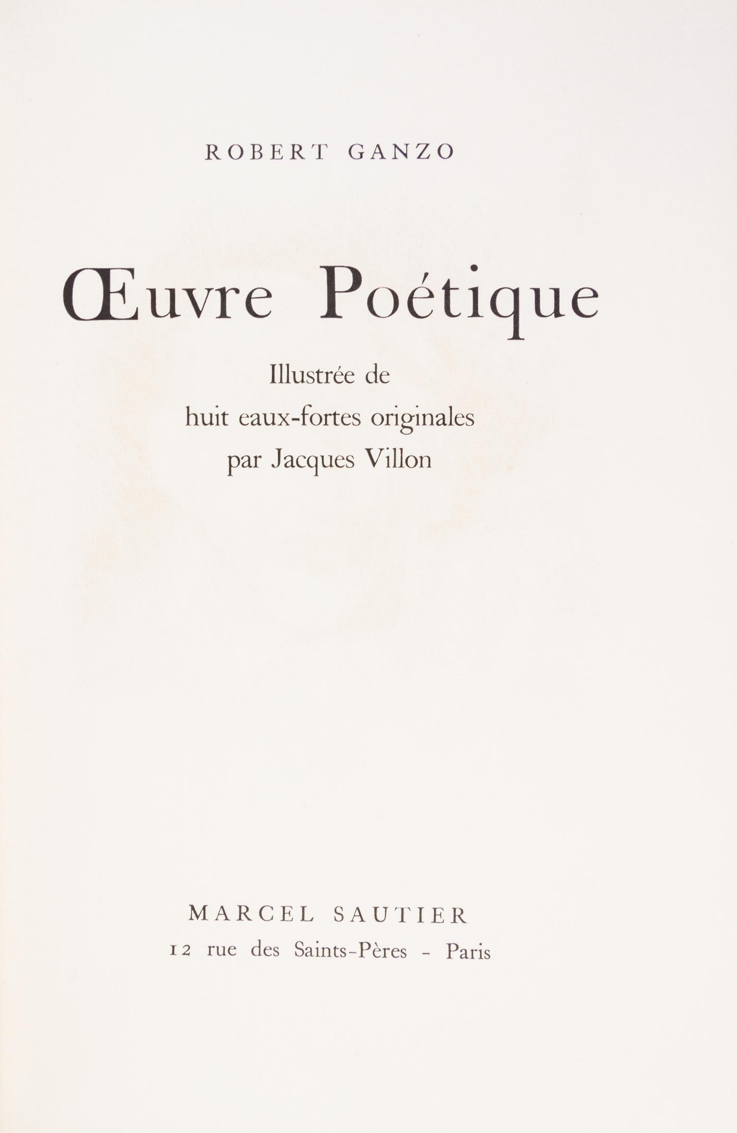 (VILLON, JACQUES) GANZO, ROBERT. Oeuvre poetique. Paris, 1957. Bound by Devauchelle. Limited, signed, additional suite of etchings.