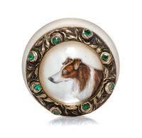 A Silver and Emerald Inset Frosted Essex Crystal Pill Box, 19th/20th century, of circular form, the lid centered by a miniture portrait