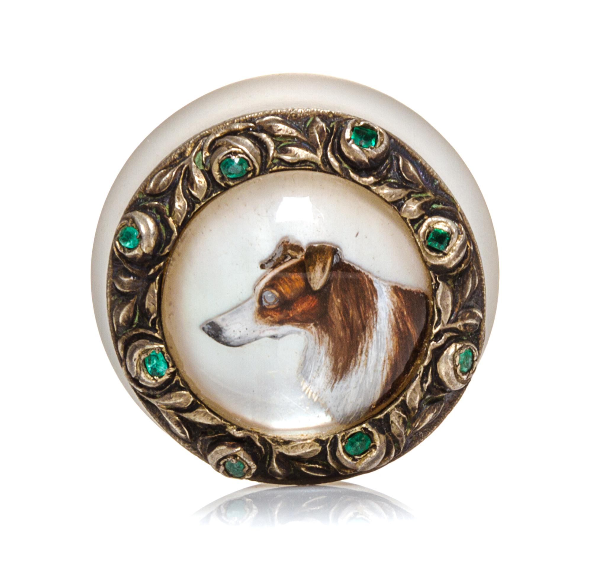 A Silver and Emerald Inset Frosted Essex Crystal Pill Box, 19th/20th century, of circular form, the lid centered by a miniture portrait