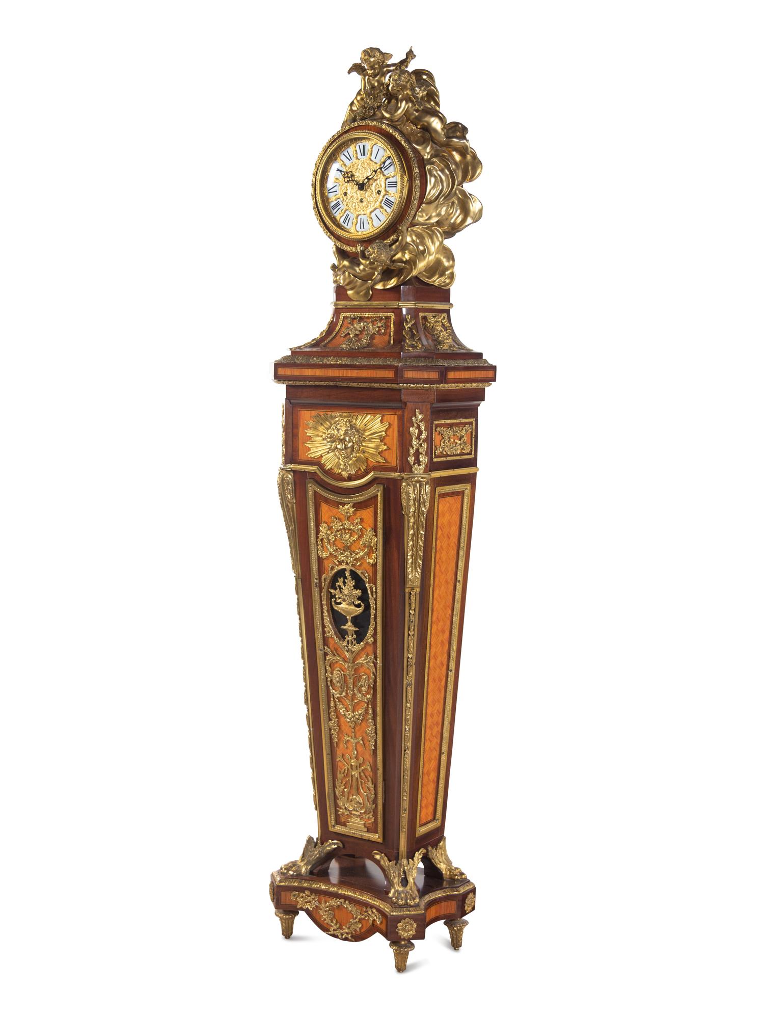 A Louis XVI Style Gilt Bronze Mounted Parquetry and Mahogany Régulateur de Pendule