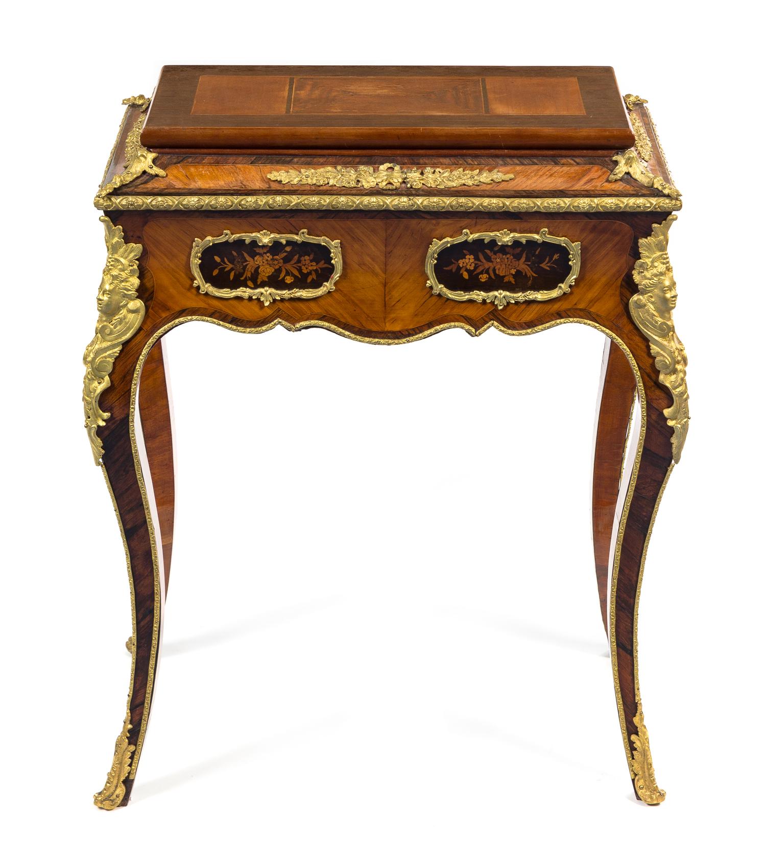 A Napoleon III Gilt Bronze Mounted Fruitwood, Satinwood and Marquetry Work Table Height 30 1/4 x width 25 x depth 14 1/2 inches. — MID-19TH CENTURY