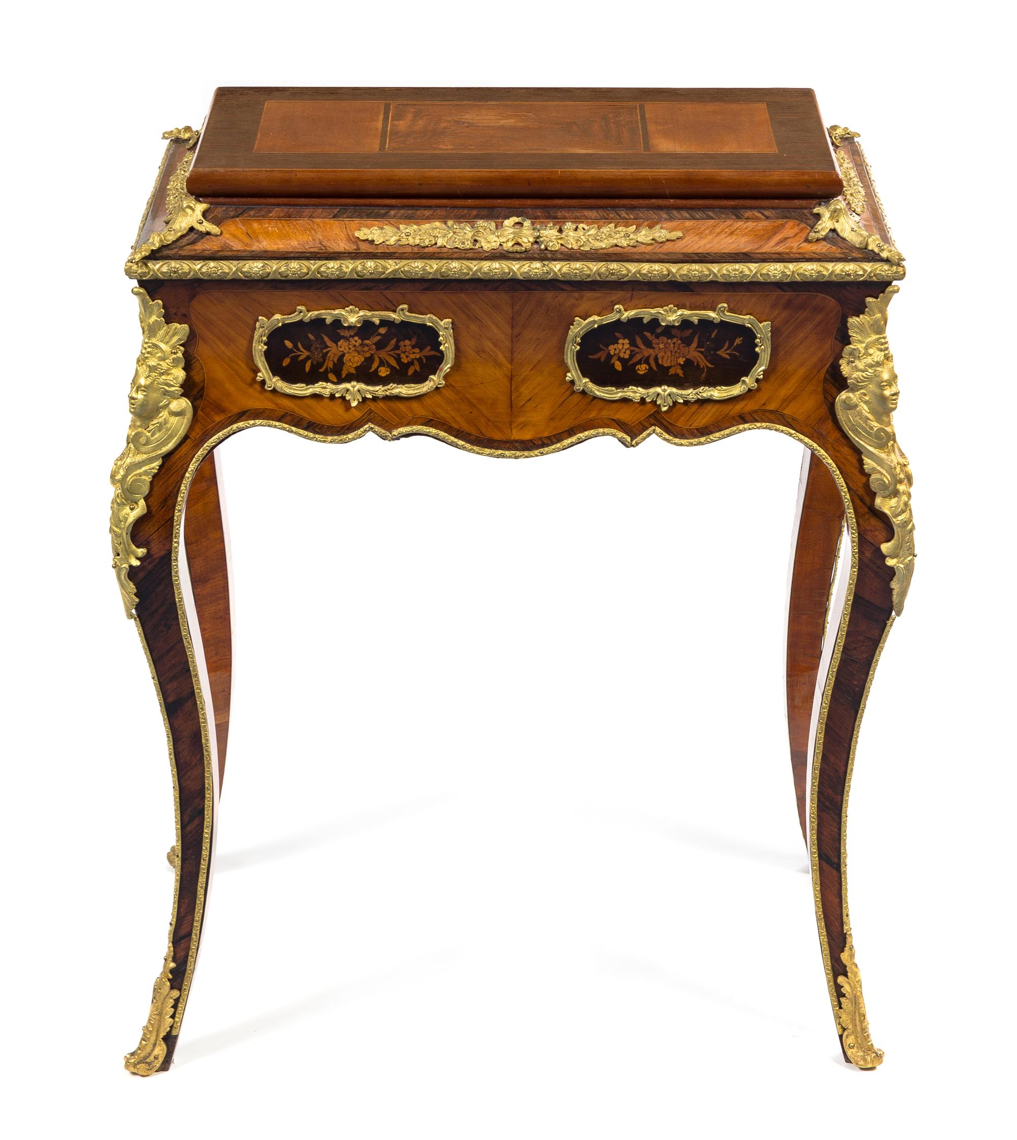 A Napoleon III Gilt Bronze Mounted Fruitwood, Satinwood and Marquetry Work Table Height 30 1/4 x width 25 x depth 14 1/2 inches. — MID-19TH CENTURY