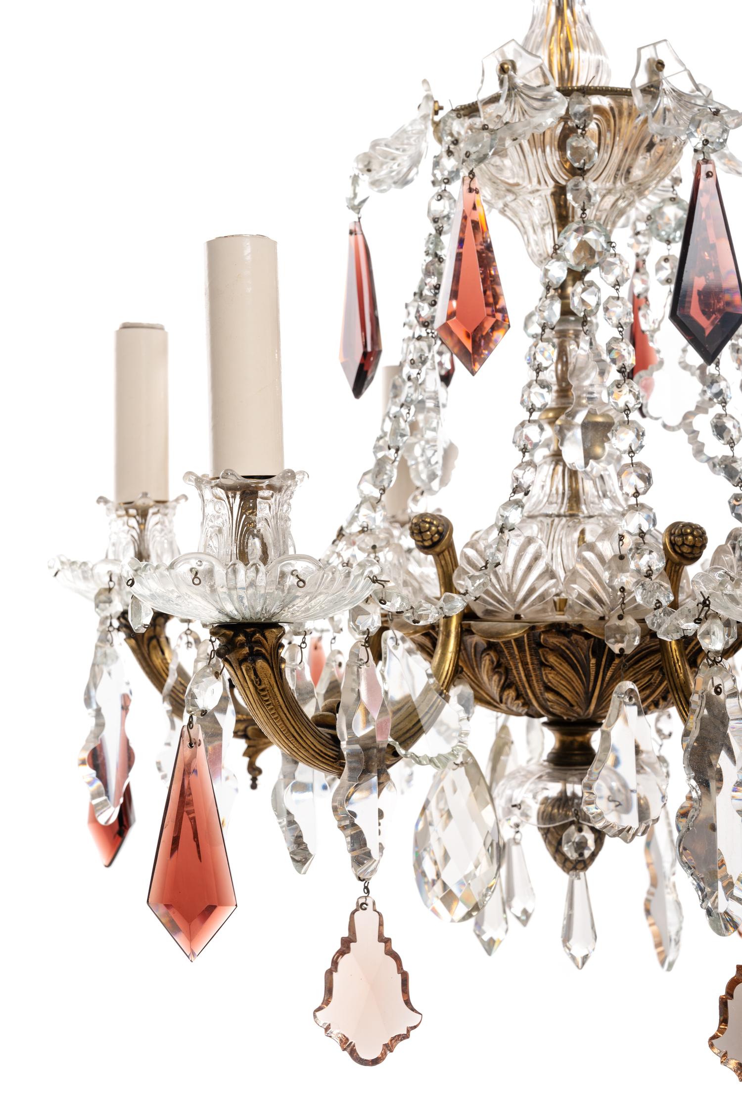 A Georgian Style Gilt Metal and Cut Glsss Six-Light Chandelier