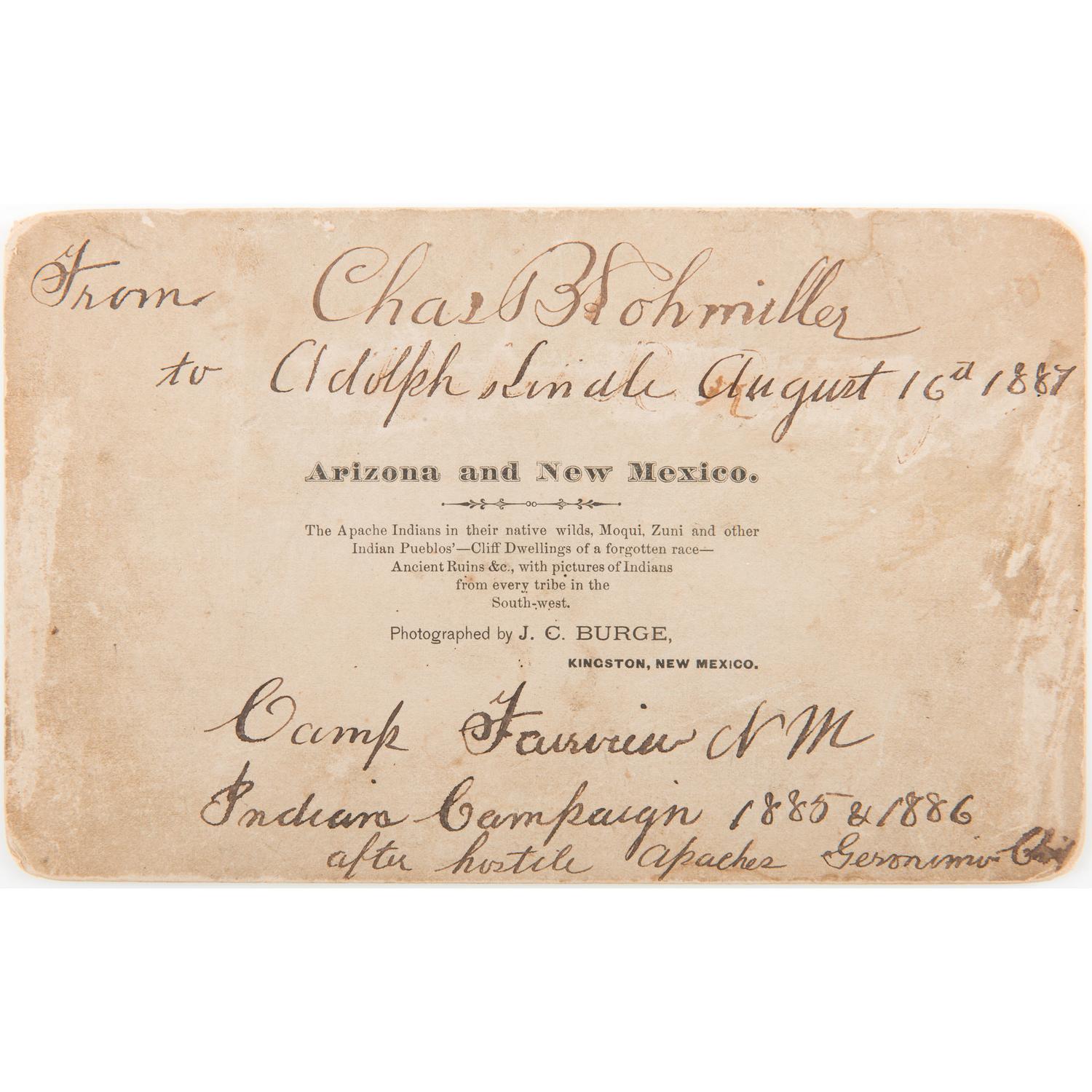 Camp Fairview, New Mexico, Boudoir Card with Notation Referencing Search for Geronimo