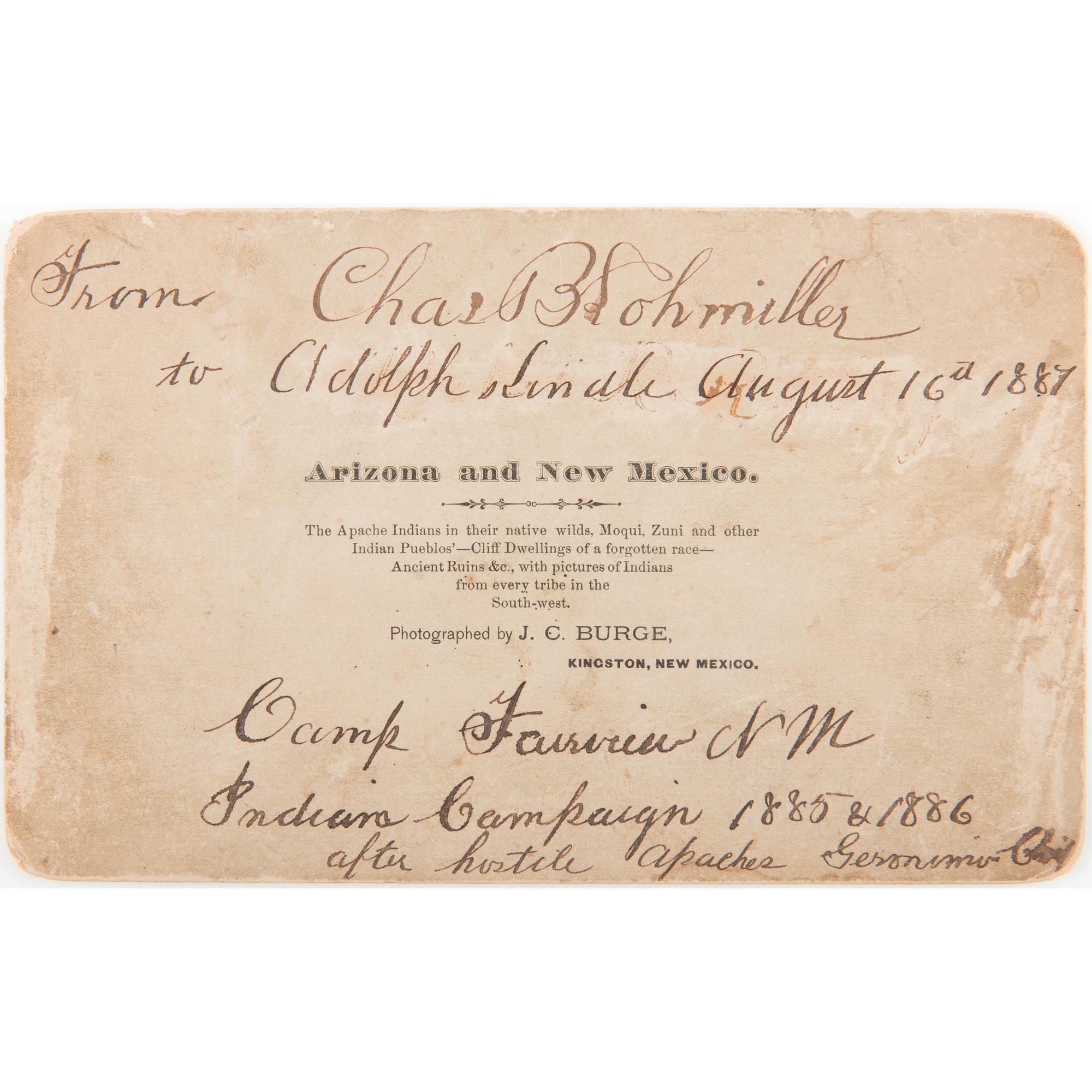 Camp Fairview, New Mexico, Boudoir Card with Notation Referencing Search for Geronimo