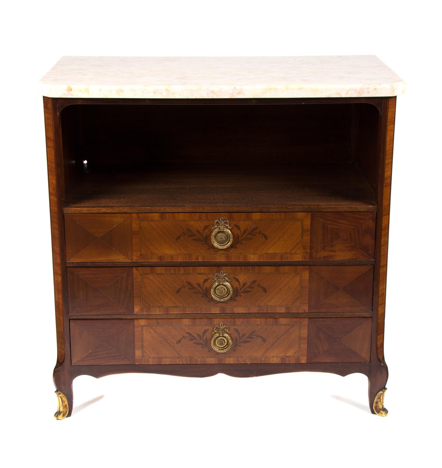 A Pair of Louis XVI Style Marble Top Side Cabinets Height 29 1/4 x width 29 1/4 x depth 15 inches. — 20TH CENTURY