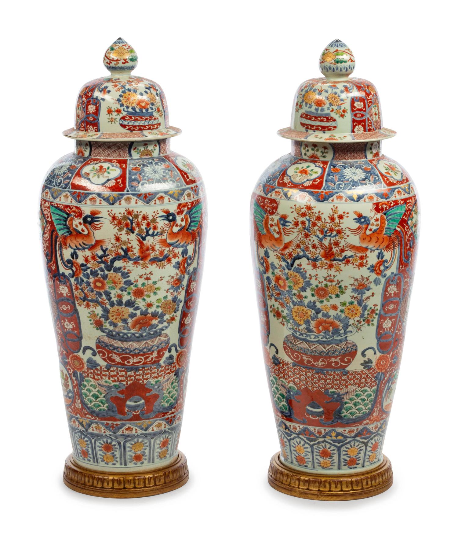 A Pair of Large Japanese Imari Porcelain Covered Jars