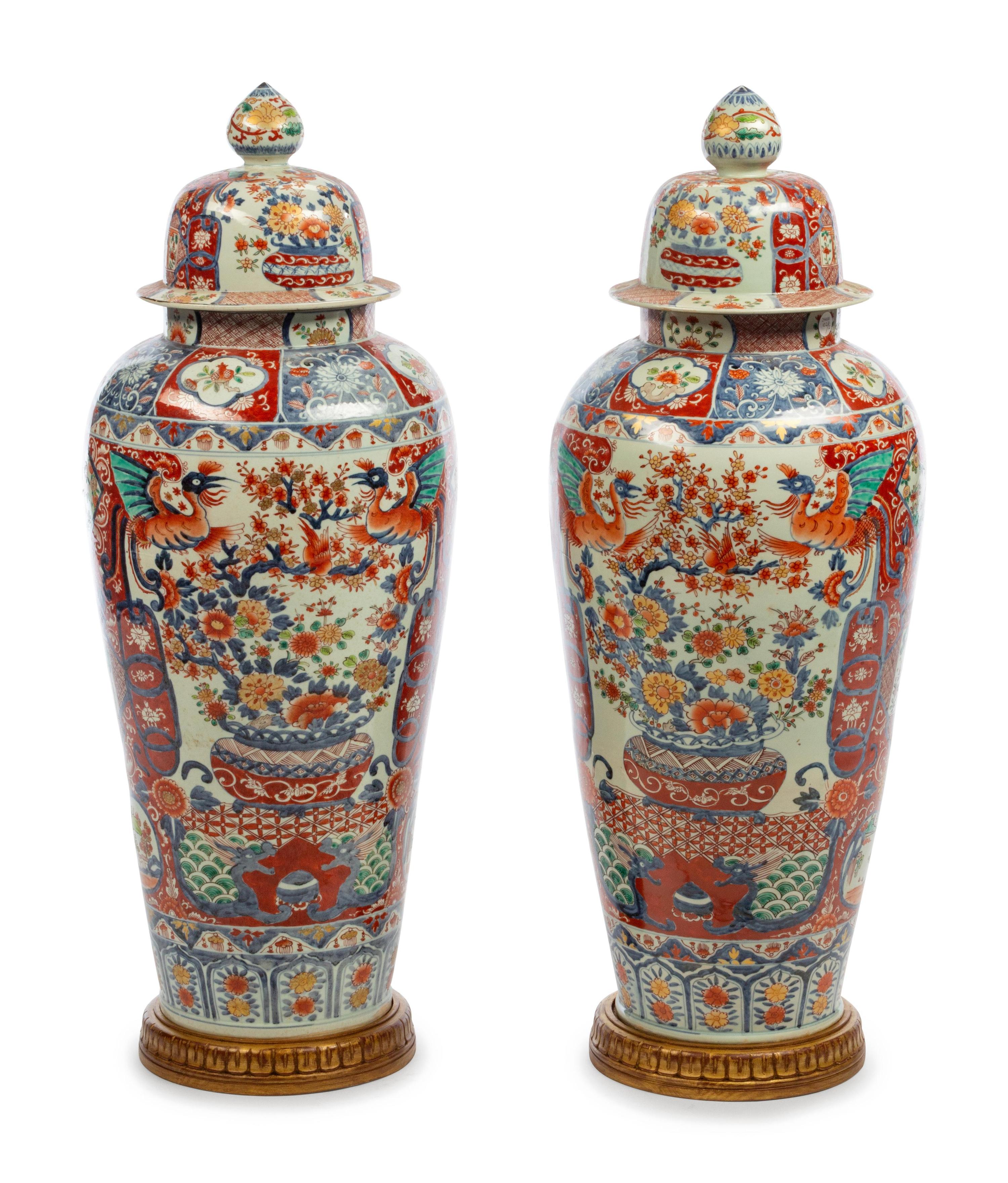 A Pair of Large Japanese Imari Porcelain Covered Jars