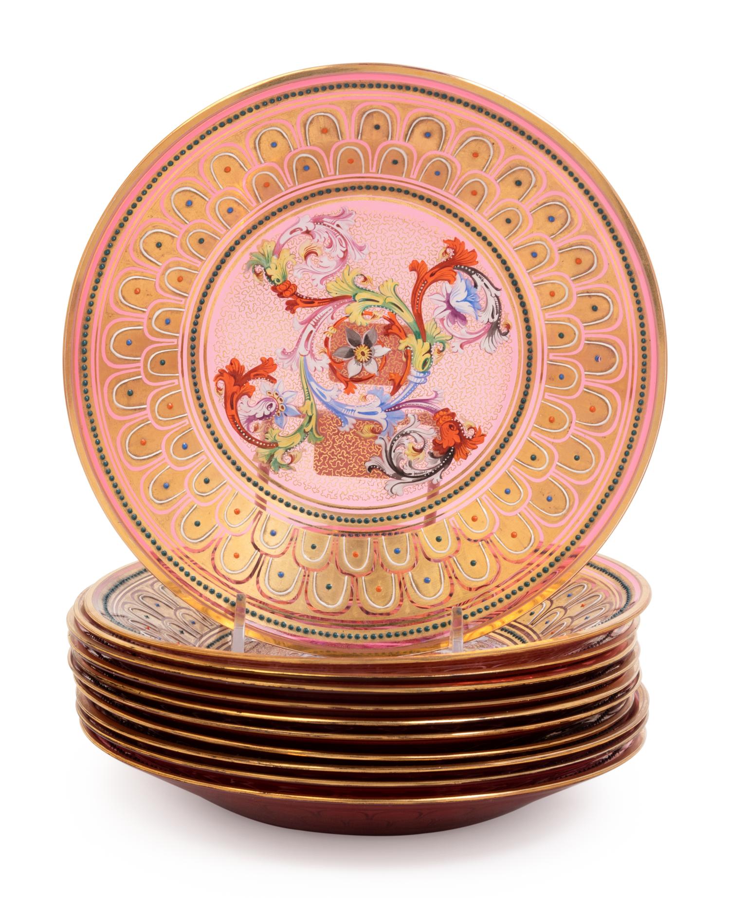 A Set of Nine Murano Parcel-Gilt and Enamel Decorated Colored Glass Dessert Bowls and Underplates