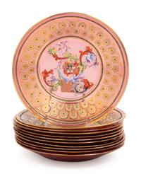 A Set of Nine Murano Parcel-Gilt and Enamel Decorated Colored Glass Dessert Bowls and Underplates