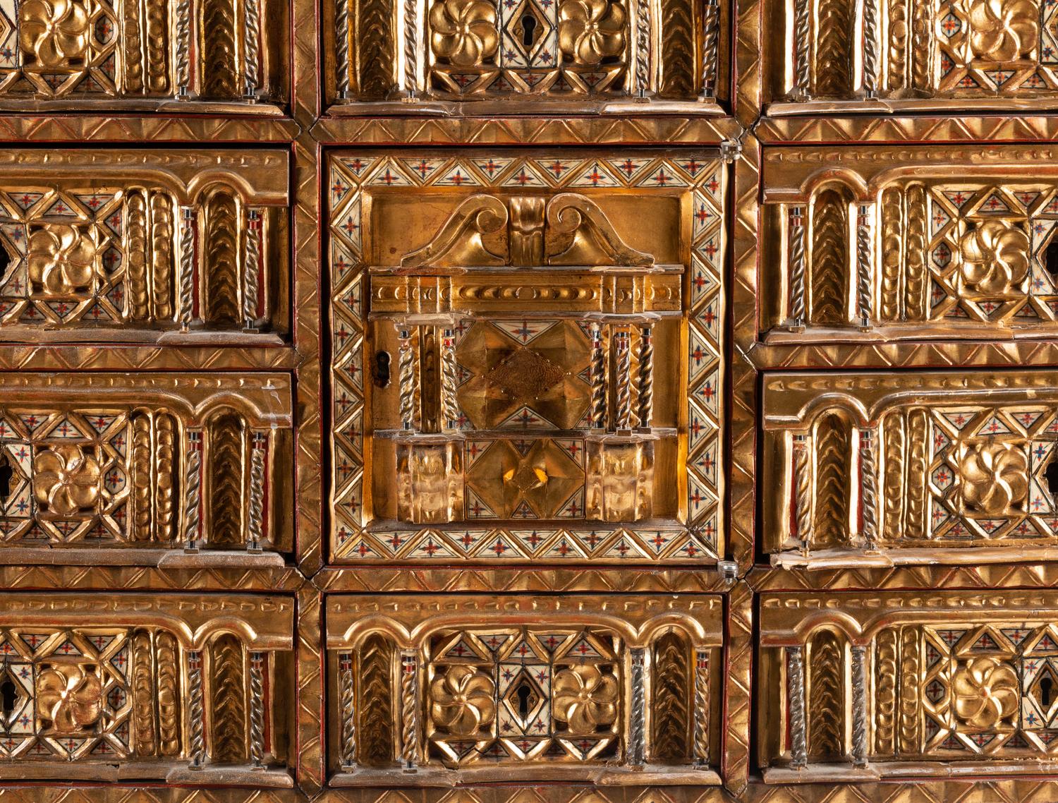 A Spanish Gilt and Polychrome Decorated Walnut Vargueño