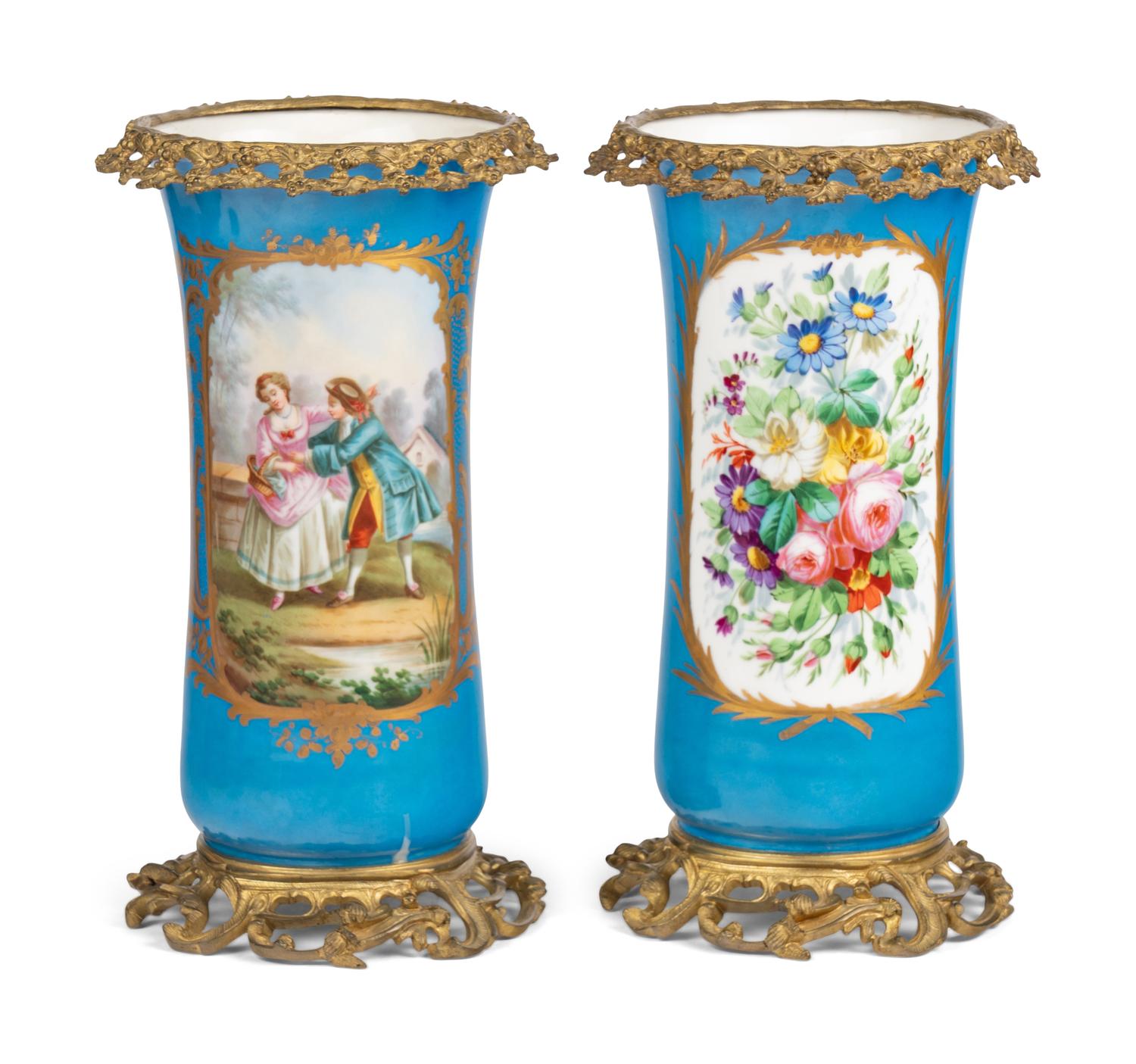 A Pair of Gilt Bronze Mounted Sèvres Style Porcelain Vases
