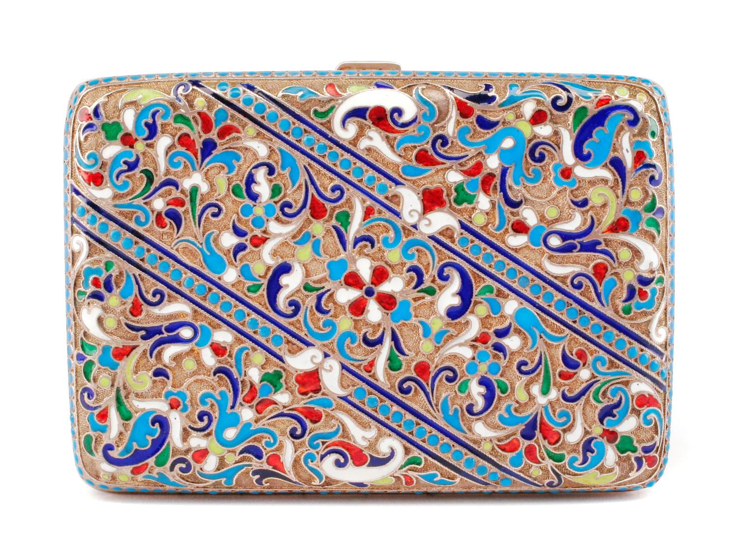 A Russian Enameled Silver Cigarette Case, Possibly Mark of Nikanov Zolotov, Moscow, Late 19th/Early 20th Century, the case worked to sh