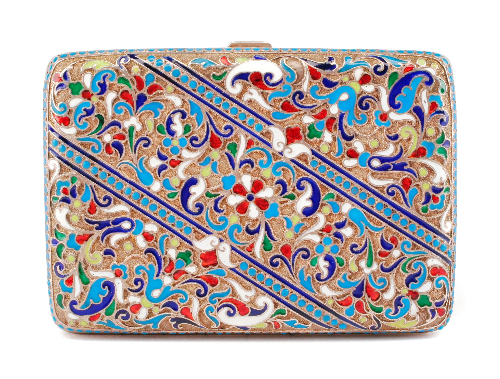 A Russian Enameled Silver Cigarette Case, Possibly Mark of Nikanov Zolotov, Moscow, Late 19th/Early 20th Century, the case worked to sh