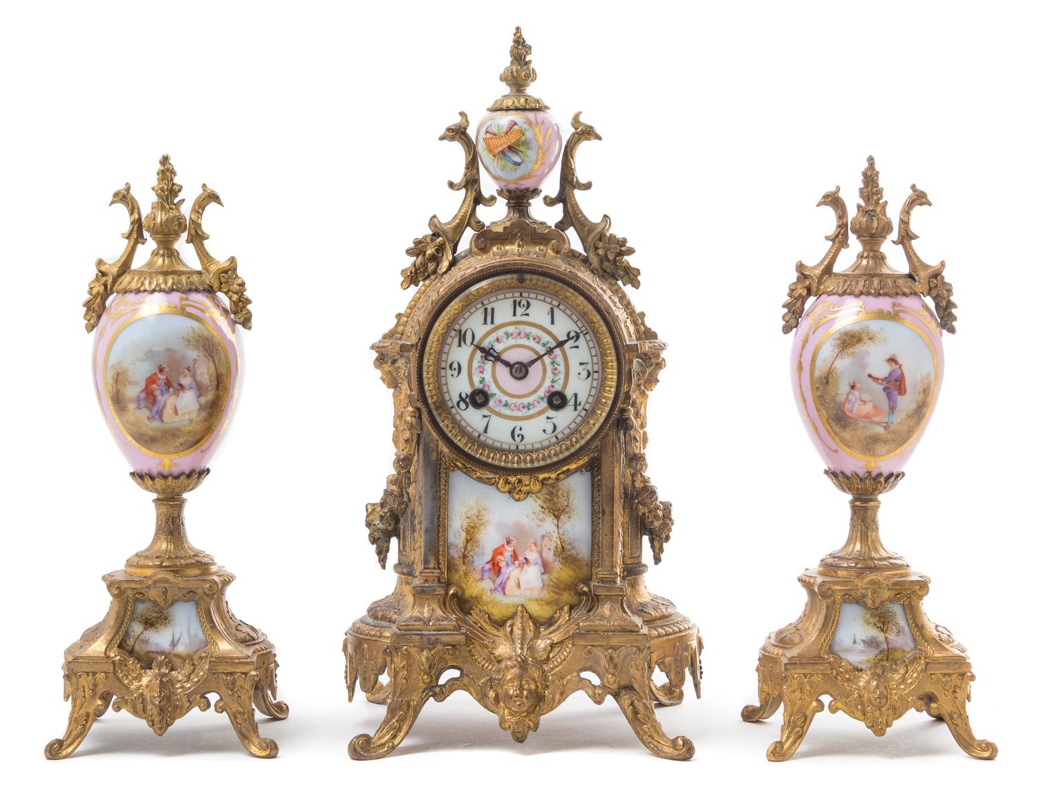 A Sevres Style Porcelain Mounted Gilt Metal Clock Garniture Height of clock 14 inches. — MOVEMENT BY VINCENTI & CIE, PARIS