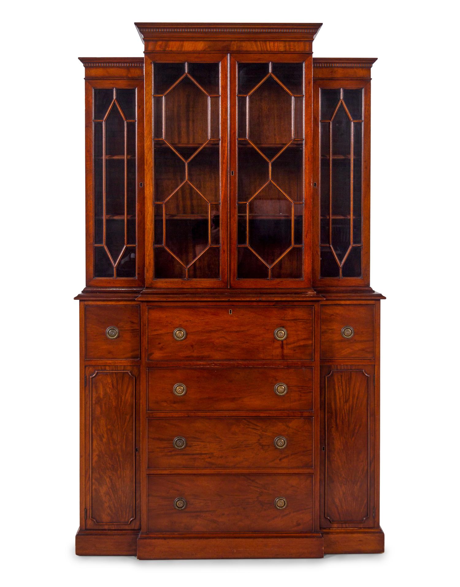 A Regency Style Mahogany Breakfront Secretary Bookcase