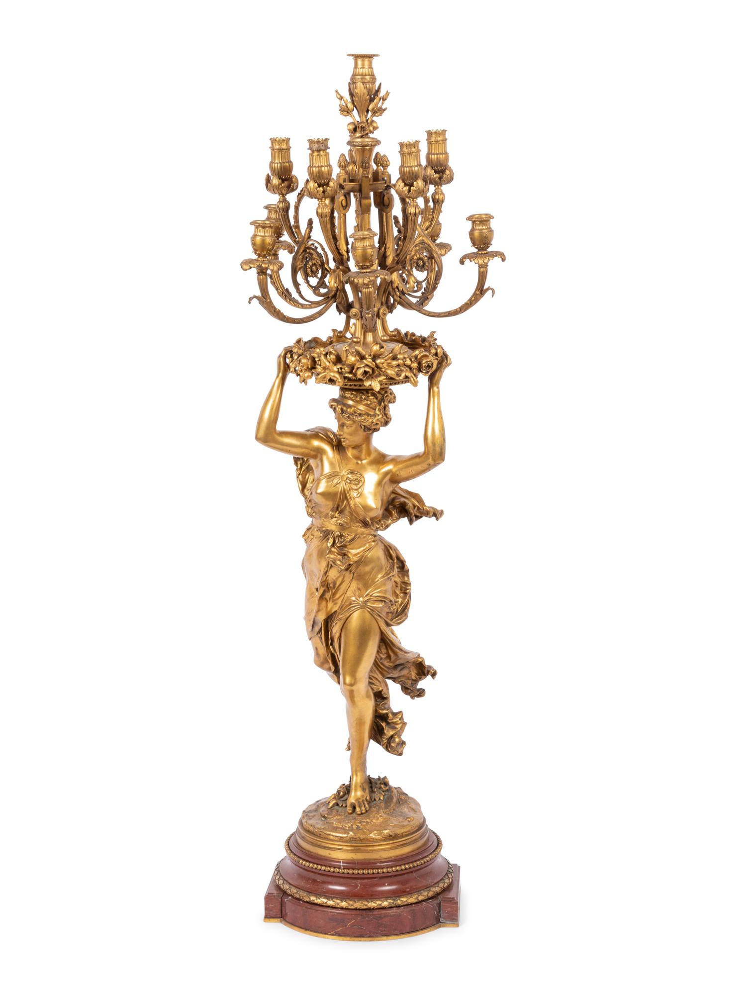 A Large French Gilt Bronze and Marble Figural Candelabrum