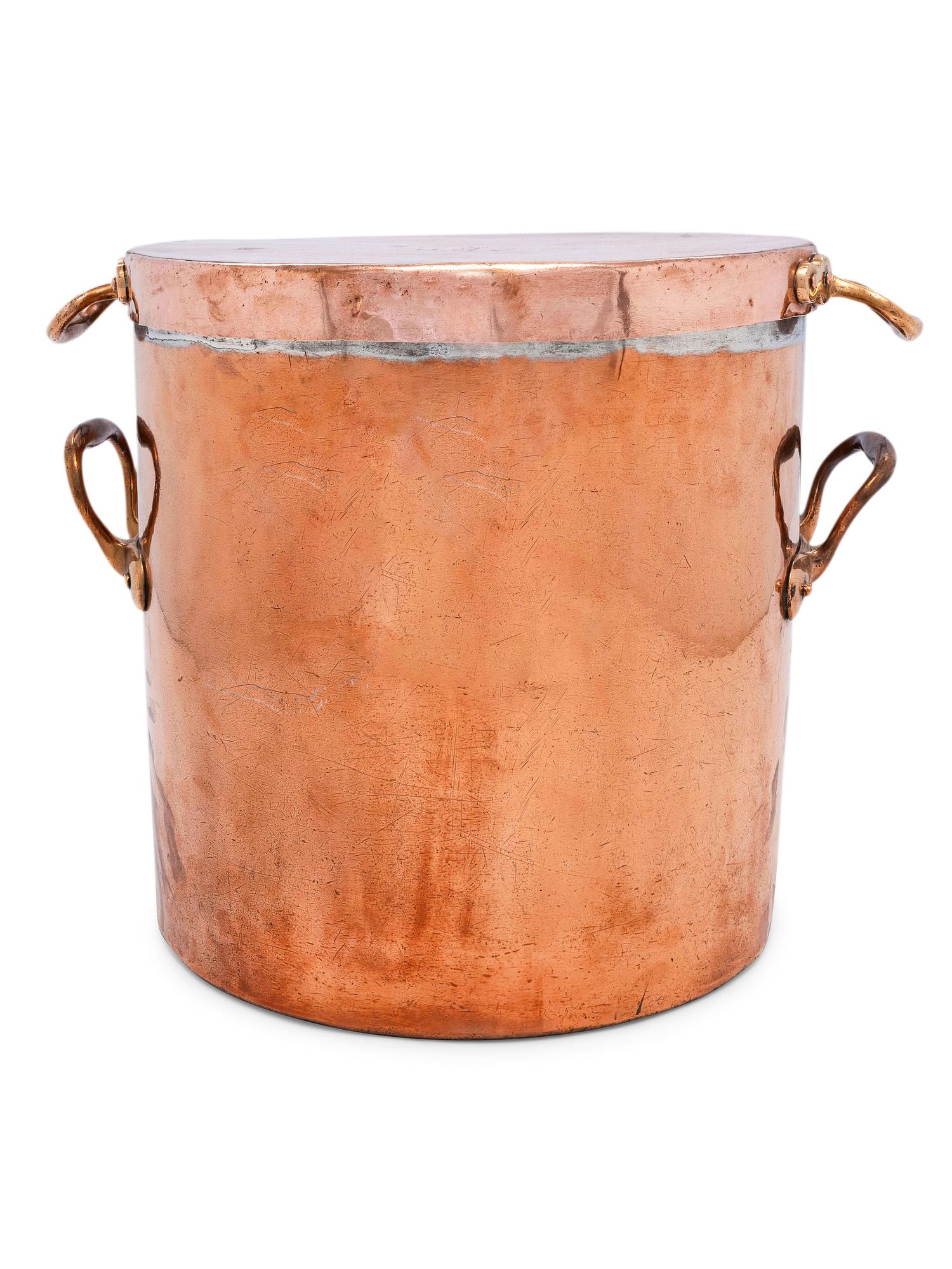 An English Copper Stock Pot with Cover and Brass Handles