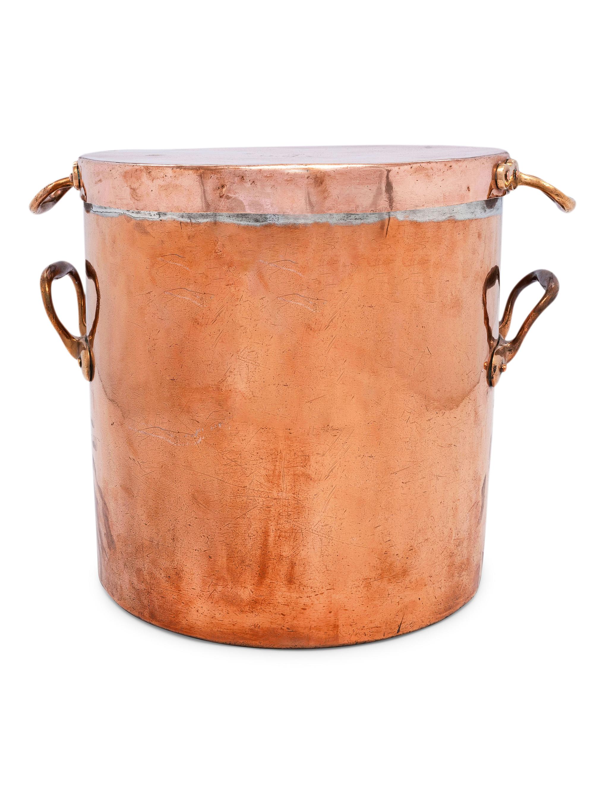 An English Copper Stock Pot with Cover and Brass Handles