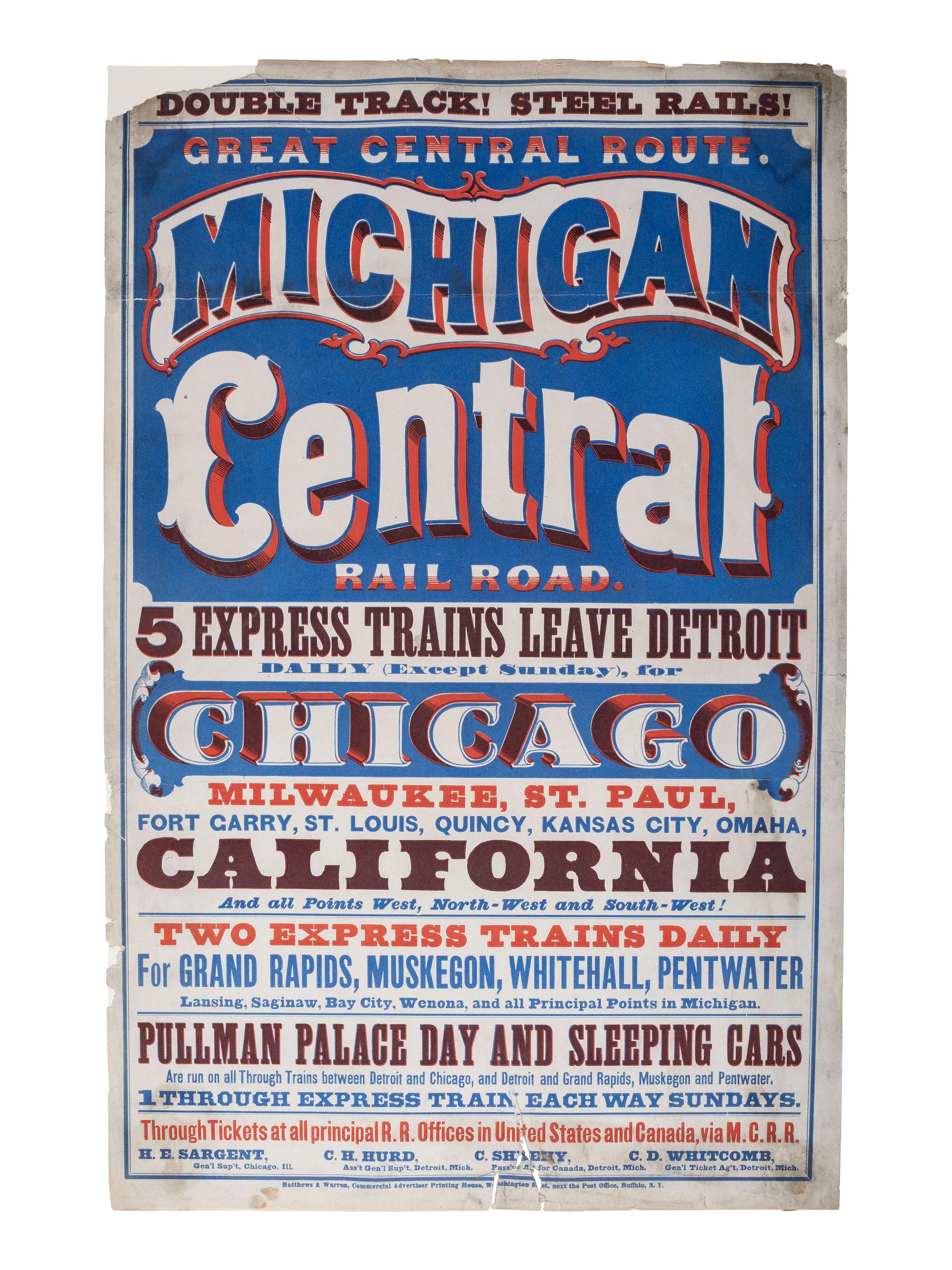 [TRANSPORTATION - RAILROAD]. Great Central Route. Michigan Central Railroad . Buffalo, NY: Matthews & Warren, Commercial Advertiser Printing House, n.d.