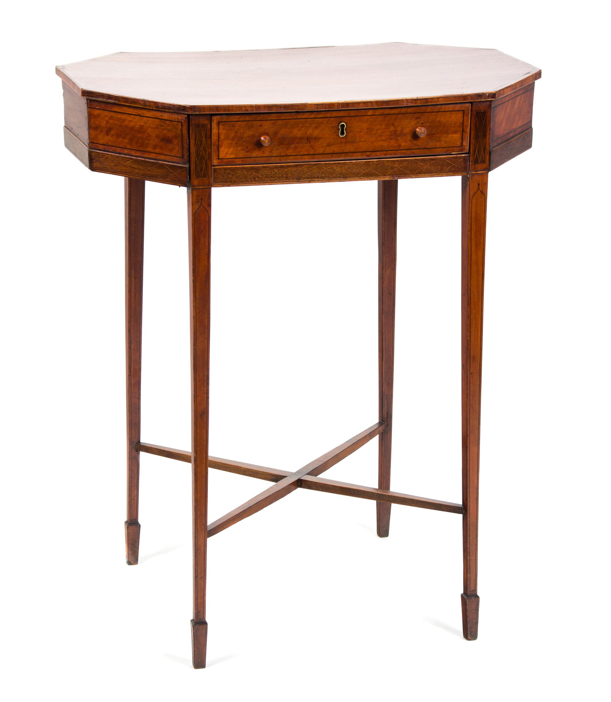 A Sheraton Style Satinwood Work Table Height 28 1/4 x width 23 x depth 13 3/4 inches. — 19TH CENTURY