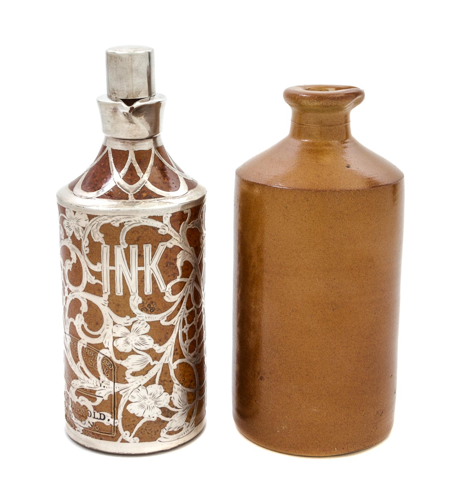 An English Bourne Denby Ceramic Silver Overlay Ink Bottle, retailed by Black, Starr & Frost Height of taller 8 1/4 inches.