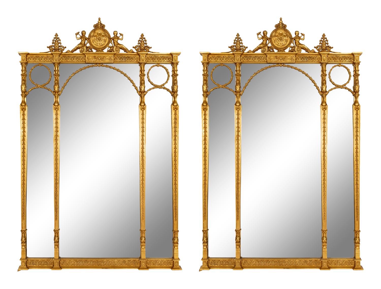 A Pair of Massive Friedman Brothers Adam Style Giltwood Overmantel Mirrors