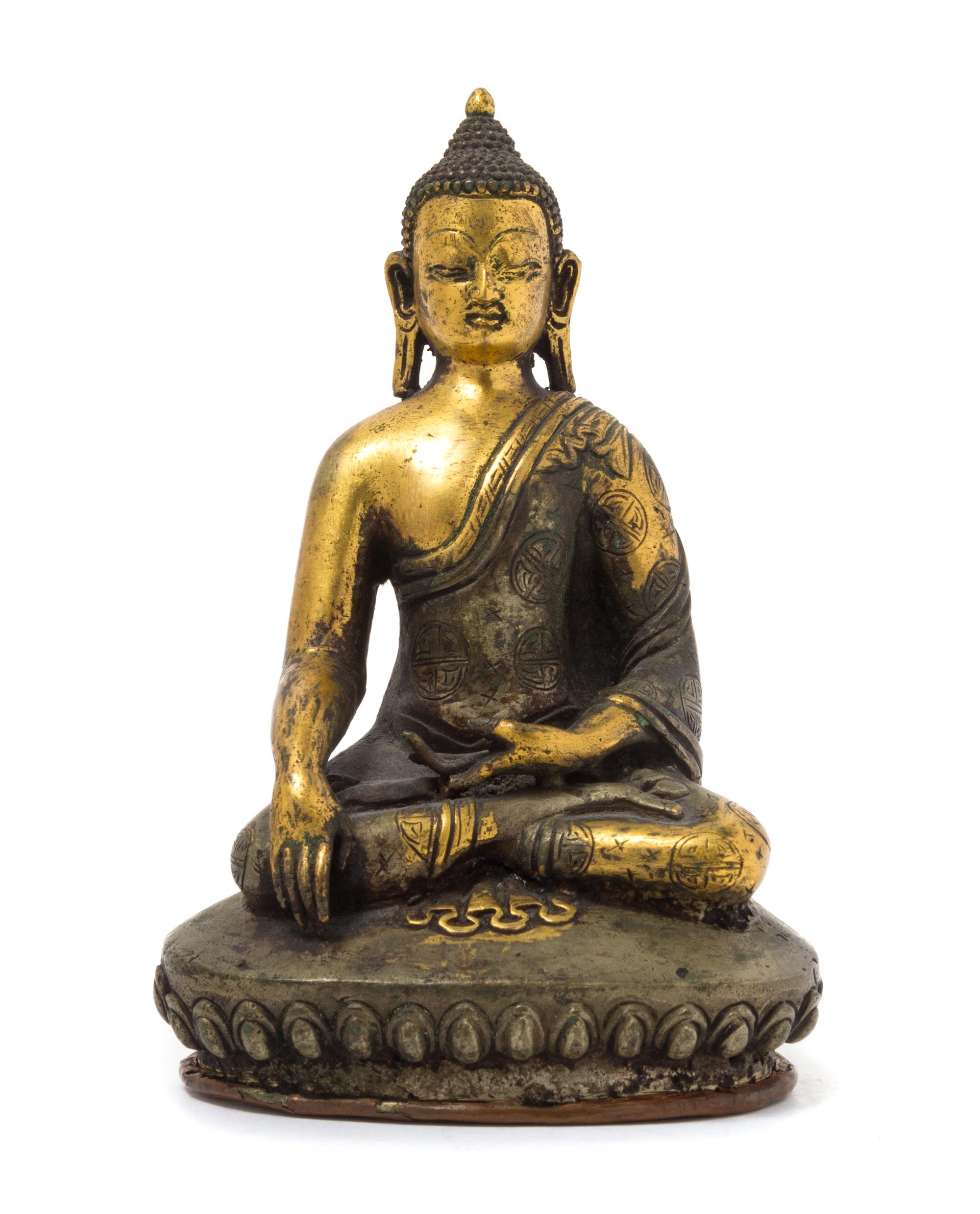 A Sino-Tibetan Gilt Bronze Figure of Seated Buddha Height 5 3/4 inches.