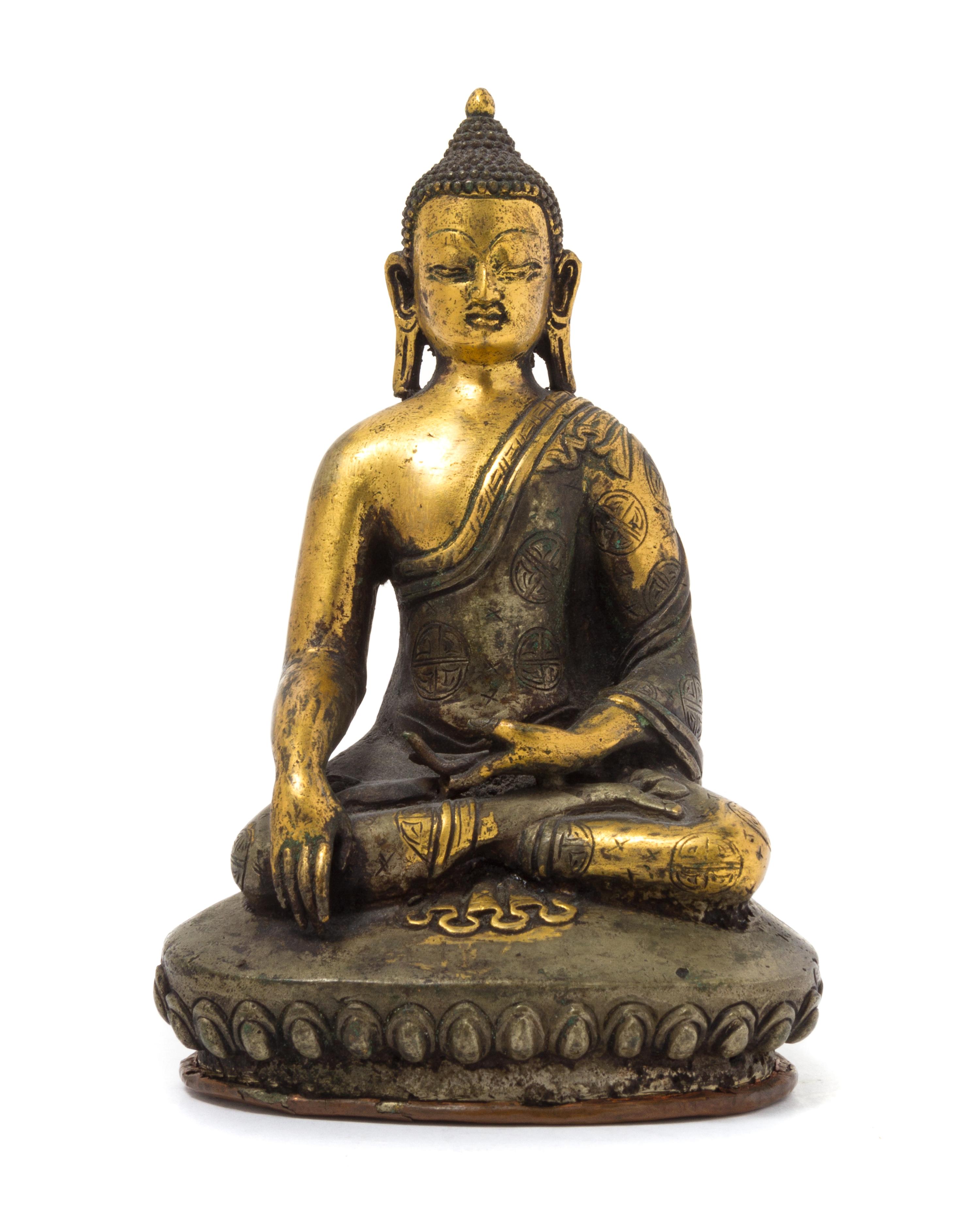 A Sino-Tibetan Gilt Bronze Figure of Seated Buddha Height 5 3/4 inches.