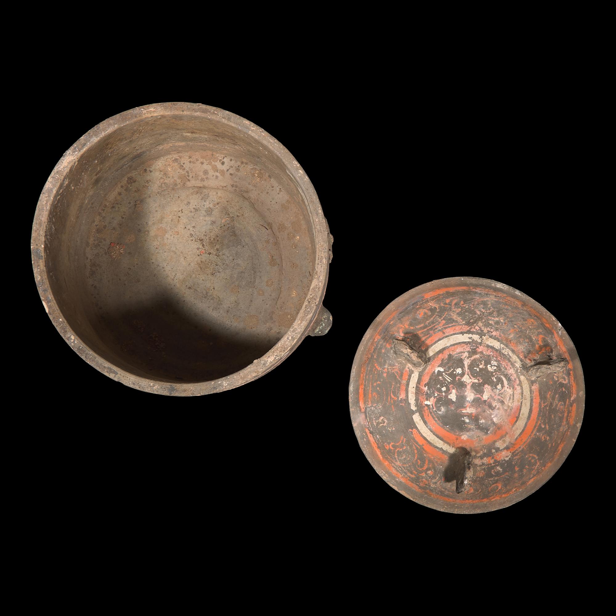 A Chinese Painted Grey Pottery Covered Vessel and Cover, Lian, Han Dynasty 漢 灰陶彩繪三足匲