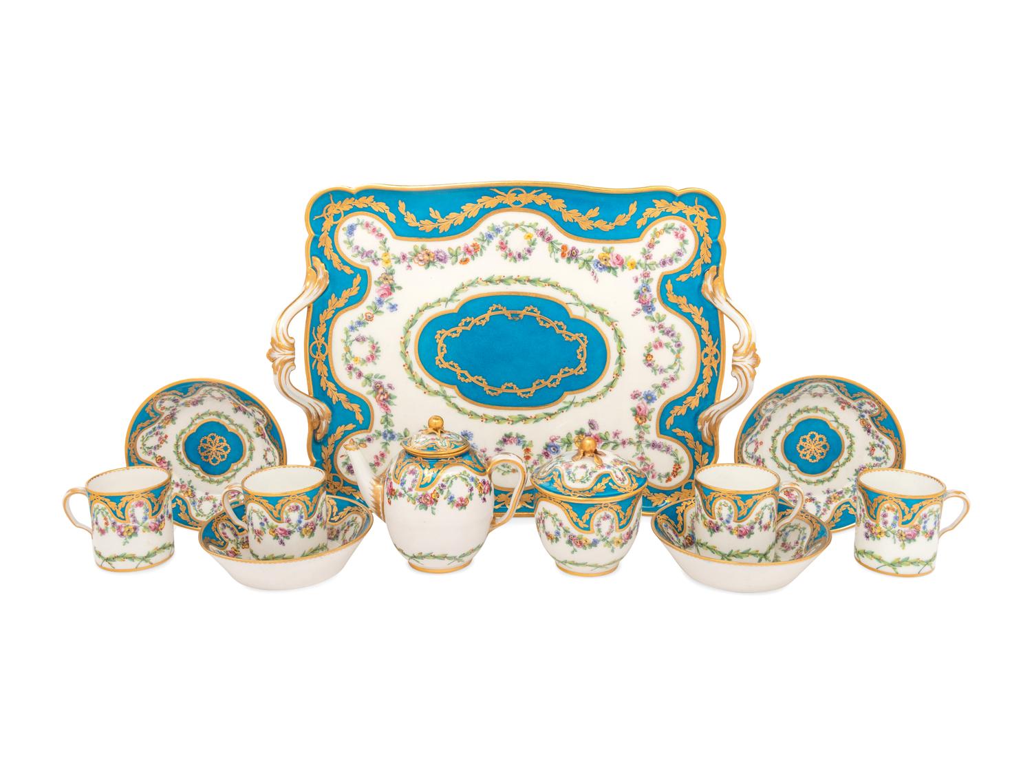 A Sèvres Bleu Céleste Porcelain Seven-Piece Tea Service ( Dejeuner 'Courteille' )