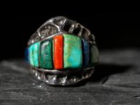 Silver Tufa Cast Shield Ring, with Cobblestone Inlay