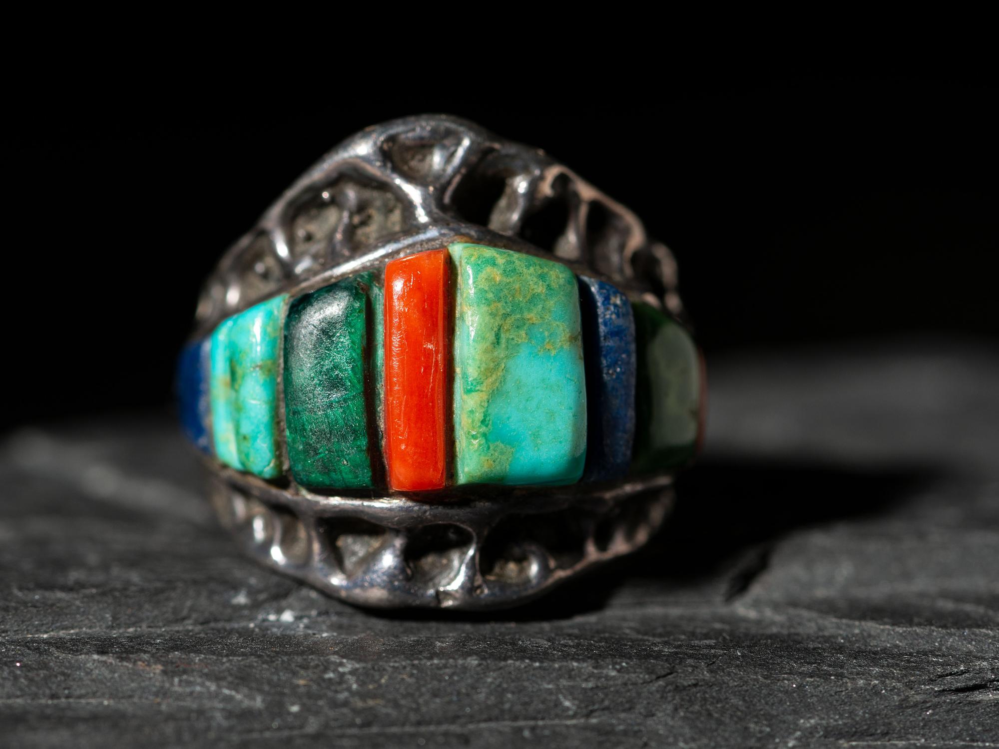 Silver Tufa Cast Shield Ring, with Cobblestone Inlay