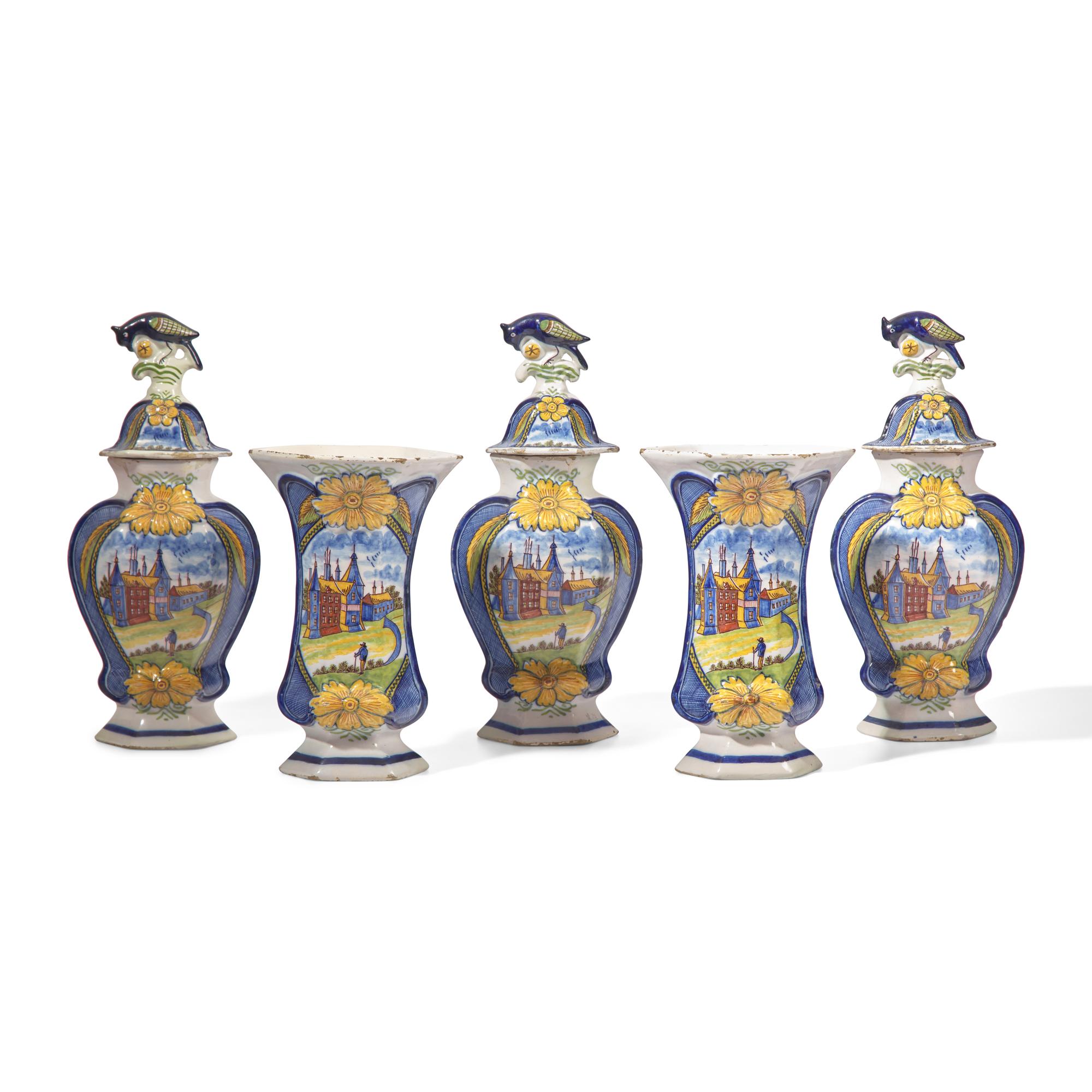 A Dutch Delft Five-Piece Garniture