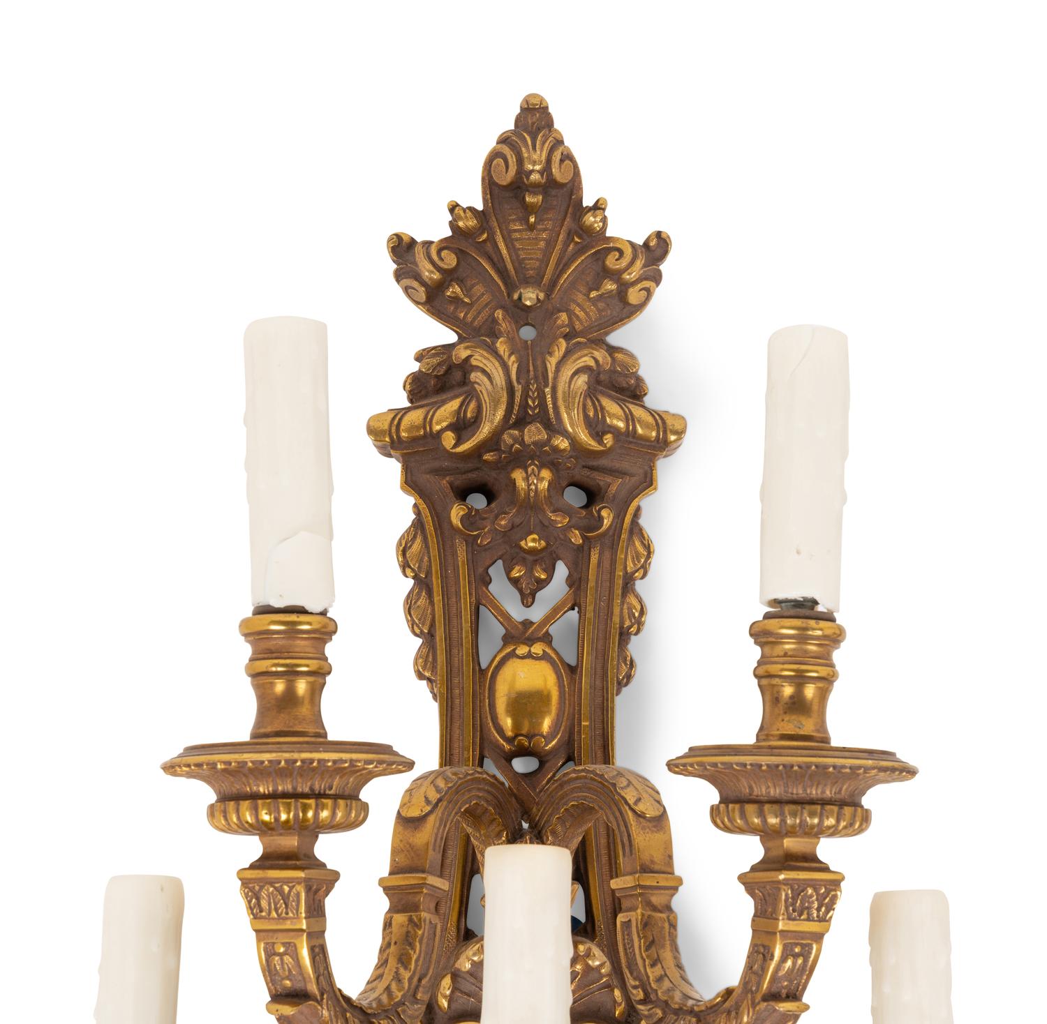 A Pair of Neoclassical Gilt Metal Five-Light Sconces