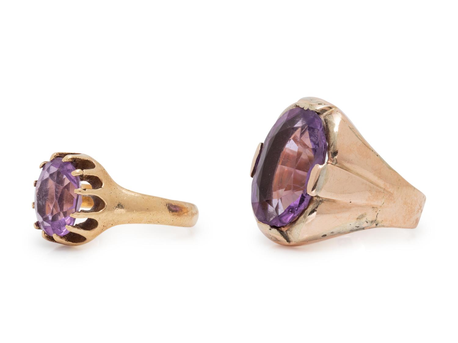 A Collection of Gold and Amethyst Rings,