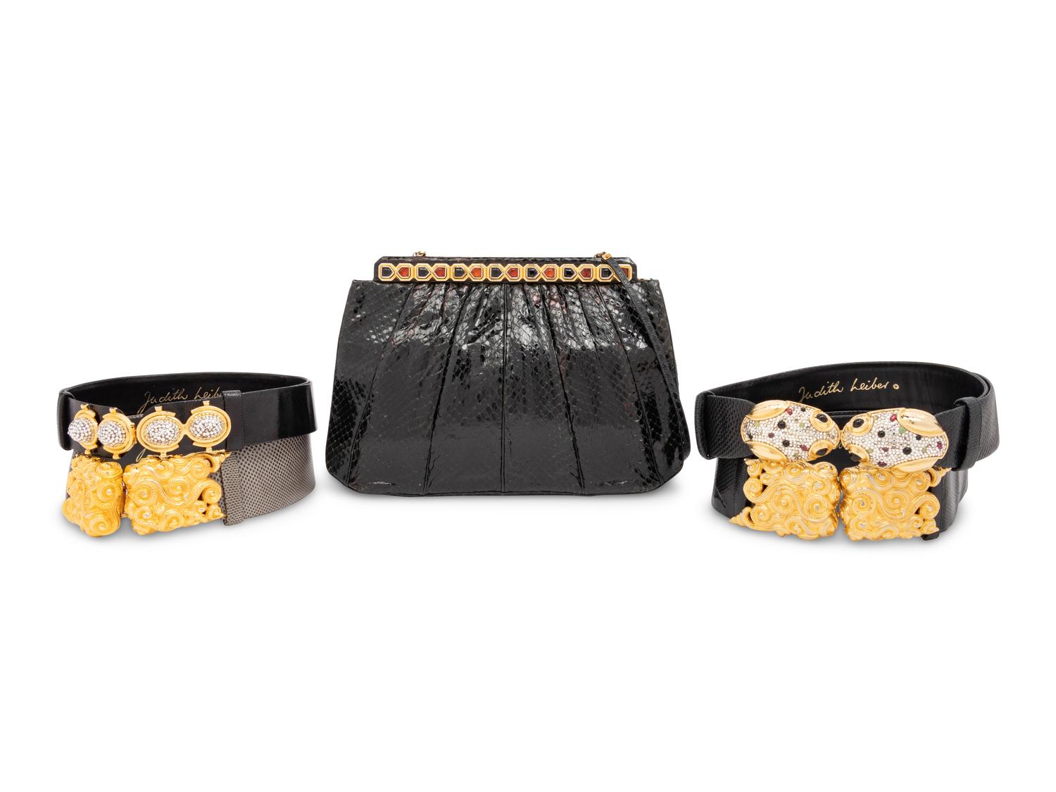 Judith Leiber Snakeskin Clutch and Four Snakeskin Belts, 1980-90s