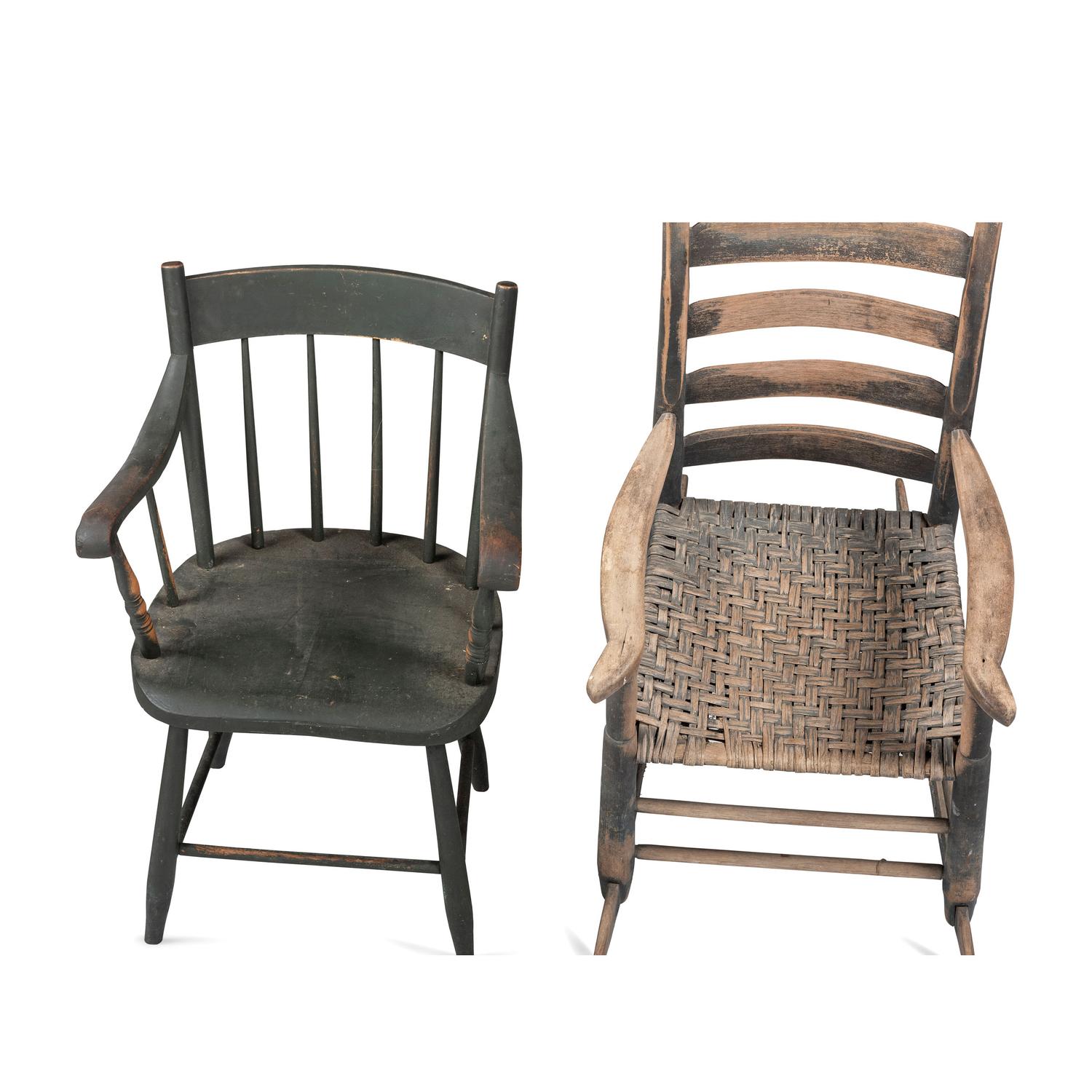 A Ladderback Rocking Chair in Old Paint and a Green-Painted Armchair