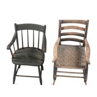 A Ladderback Rocking Chair in Old Paint and a Green-Painted Armchair