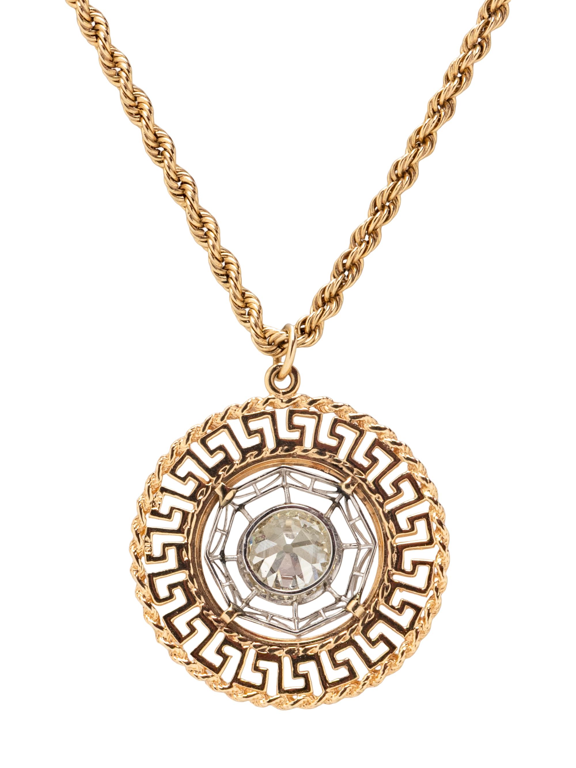 OLD EUROPEAN CUT DIAMOND AND YELLOW GOLD PENDANT NECKLACE