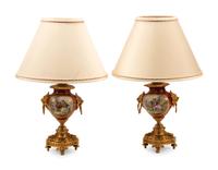 A Pair of Gilt Bronze Mounted Sevres Style Porcelain Lamps