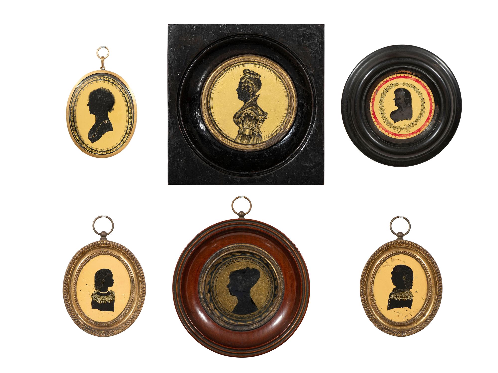 Six Verre Eglomise Silhouettes of Ladies