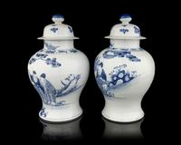 A Pair of Chinese Blue and White Porcelain Covered Jars