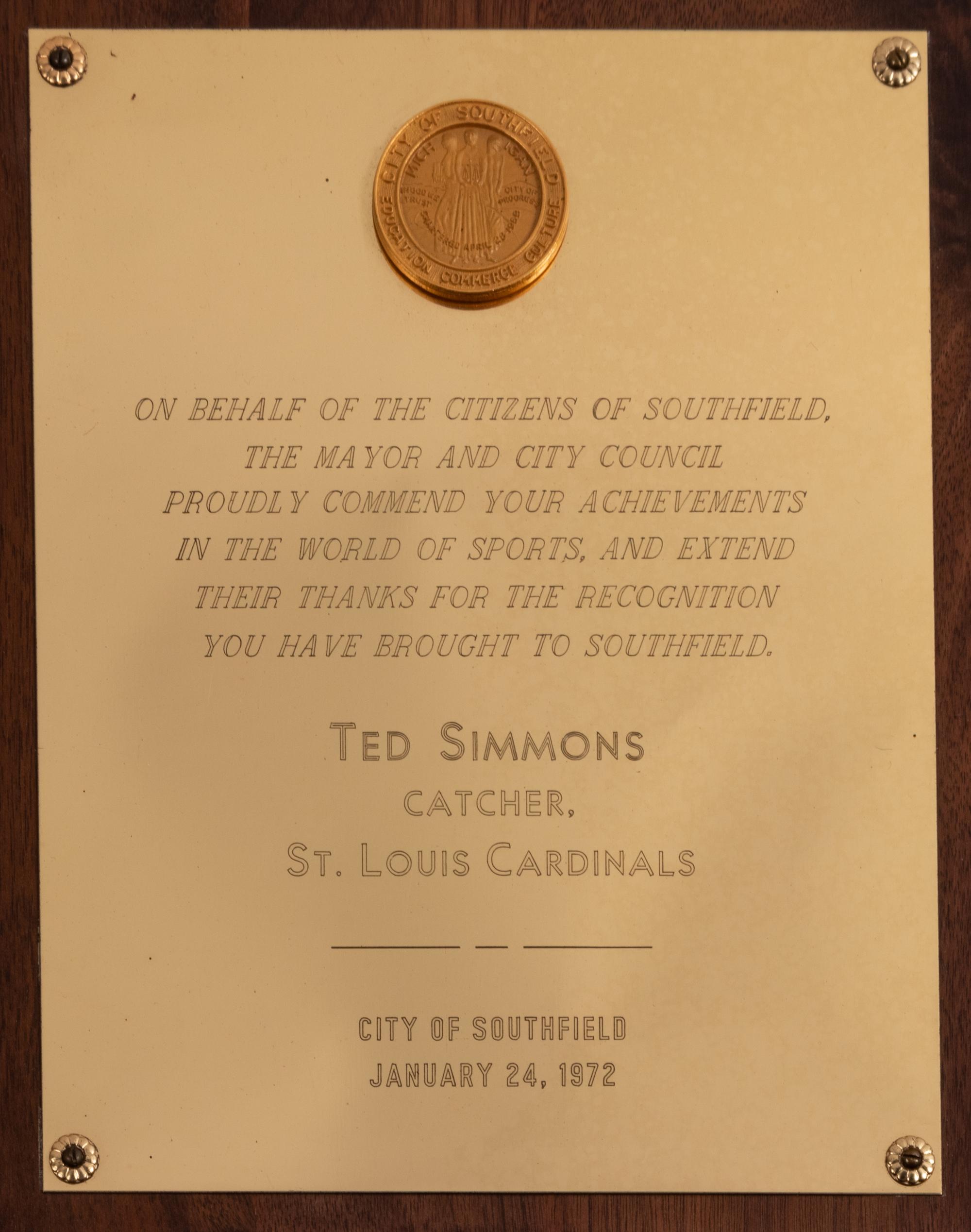 A Group of 14 Awards and Plaques from The Collection of Baseball Hall of Famer Ted Simmons,