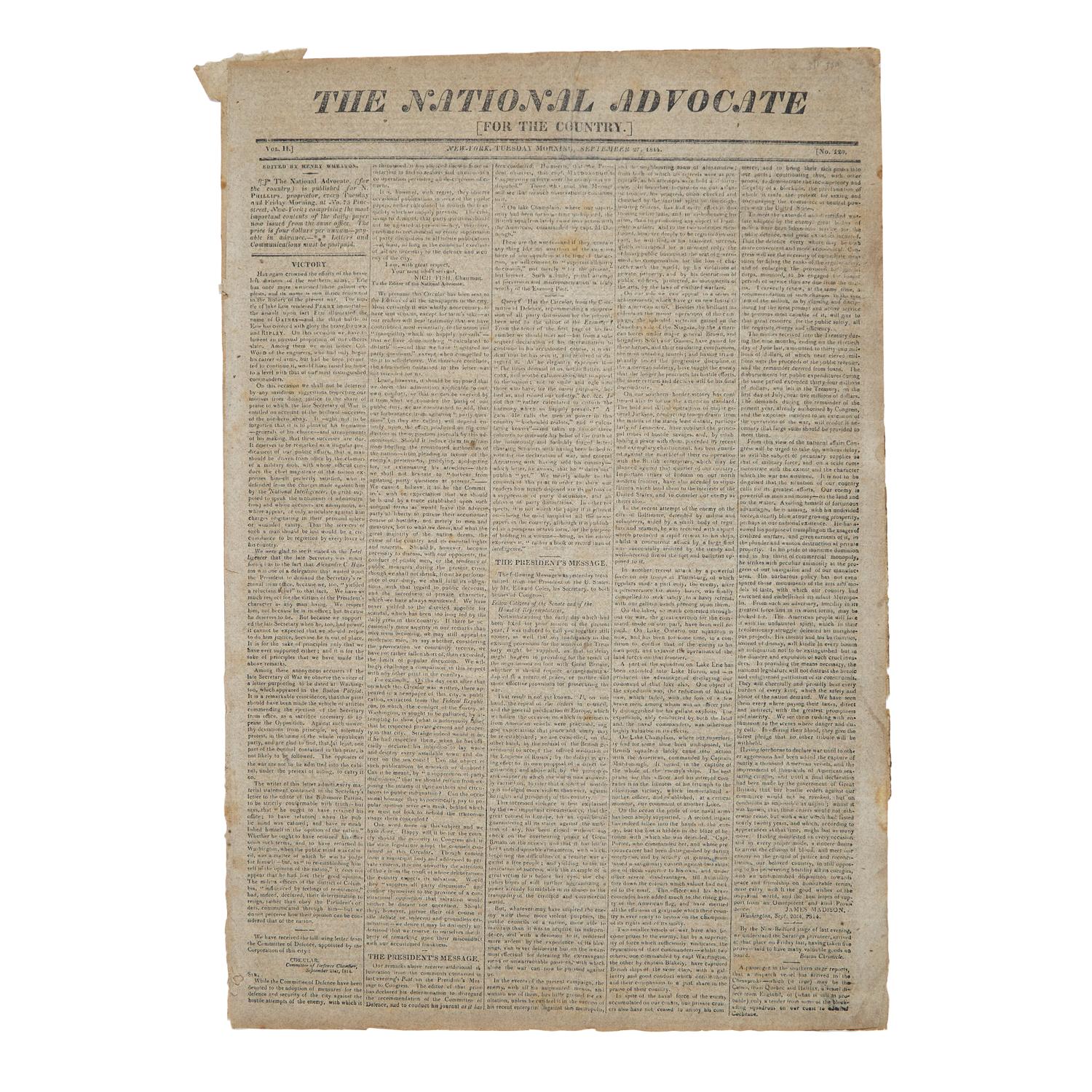 [Star-Spangled Banner] One of the Earliest Obtainable Newspaper Printings of the Star-Spangled Banner, September 27, 1814